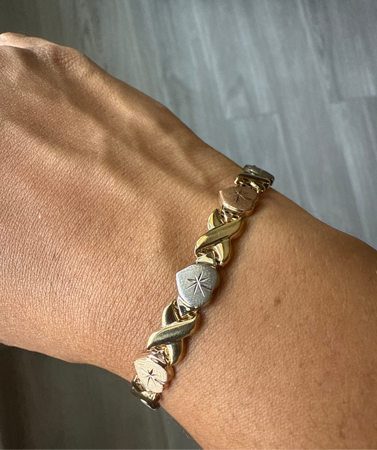 14k gold tri-color XO heart bracelet | rose, yellow, and white gold | 6.5 inches