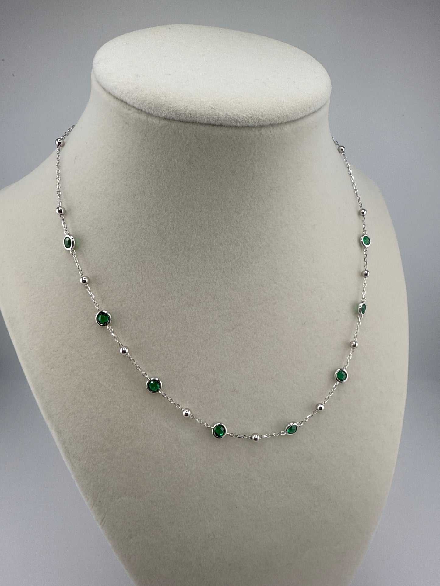 Sterling Silver, Bezel-set Zirconia & Bead Station Necklace, Emerald