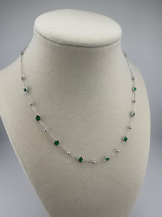 Sterling Silver, Bezel-set Zirconia & Bead Station Necklace, Emerald