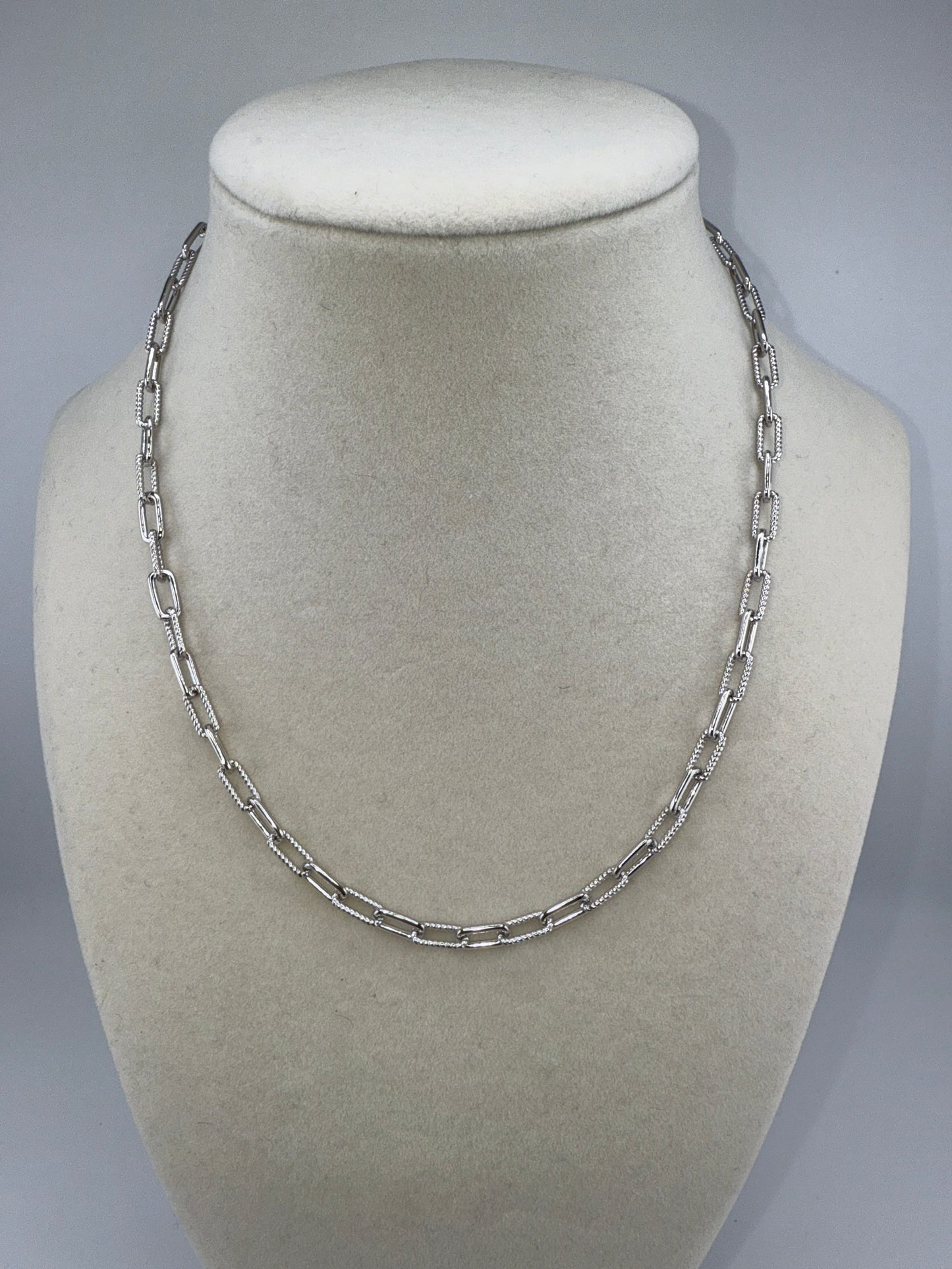 Sterling Silver, Polished & Rope Design Paperclip Necklace