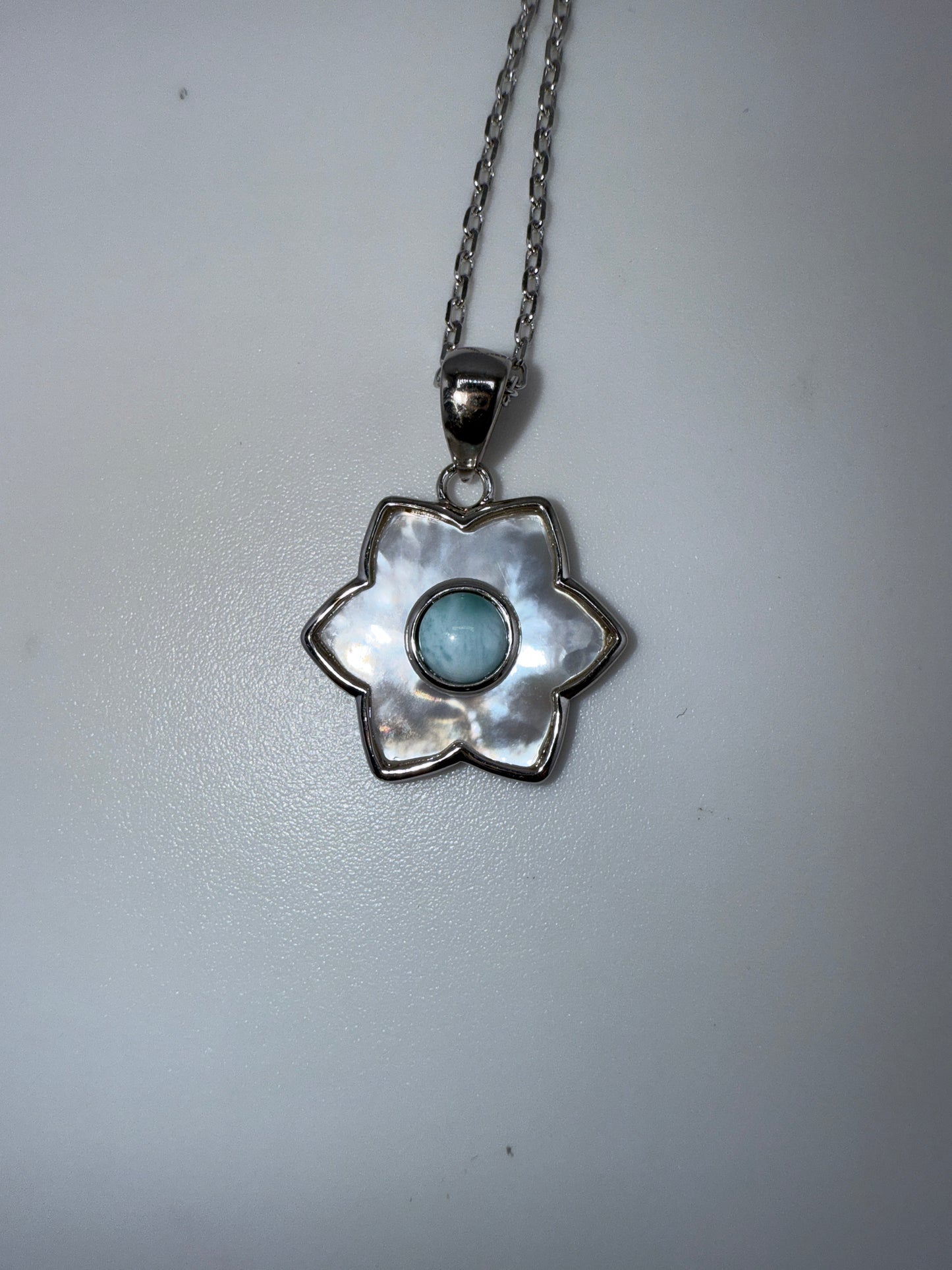 Sterling Silver Larimar & MOP Flower Necklace