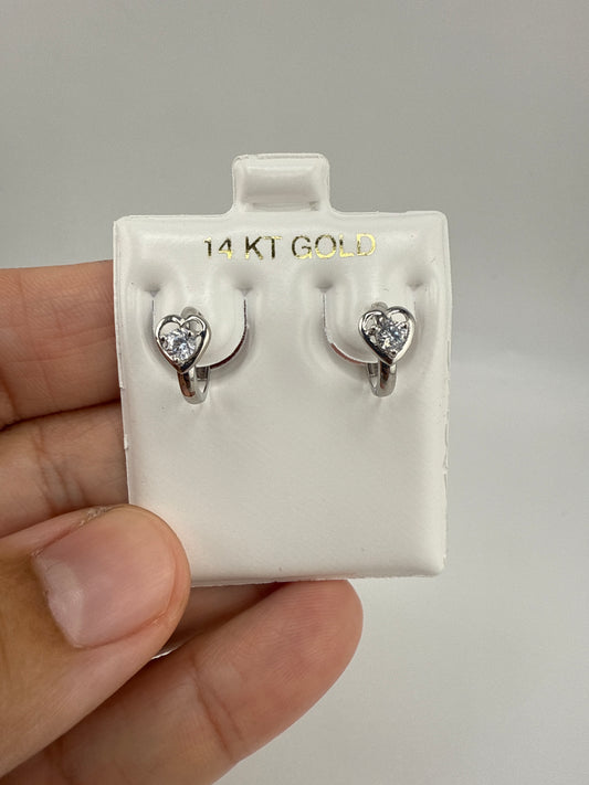 14k White Gold Small Huggie Earrings with Zirconia and Heart detail