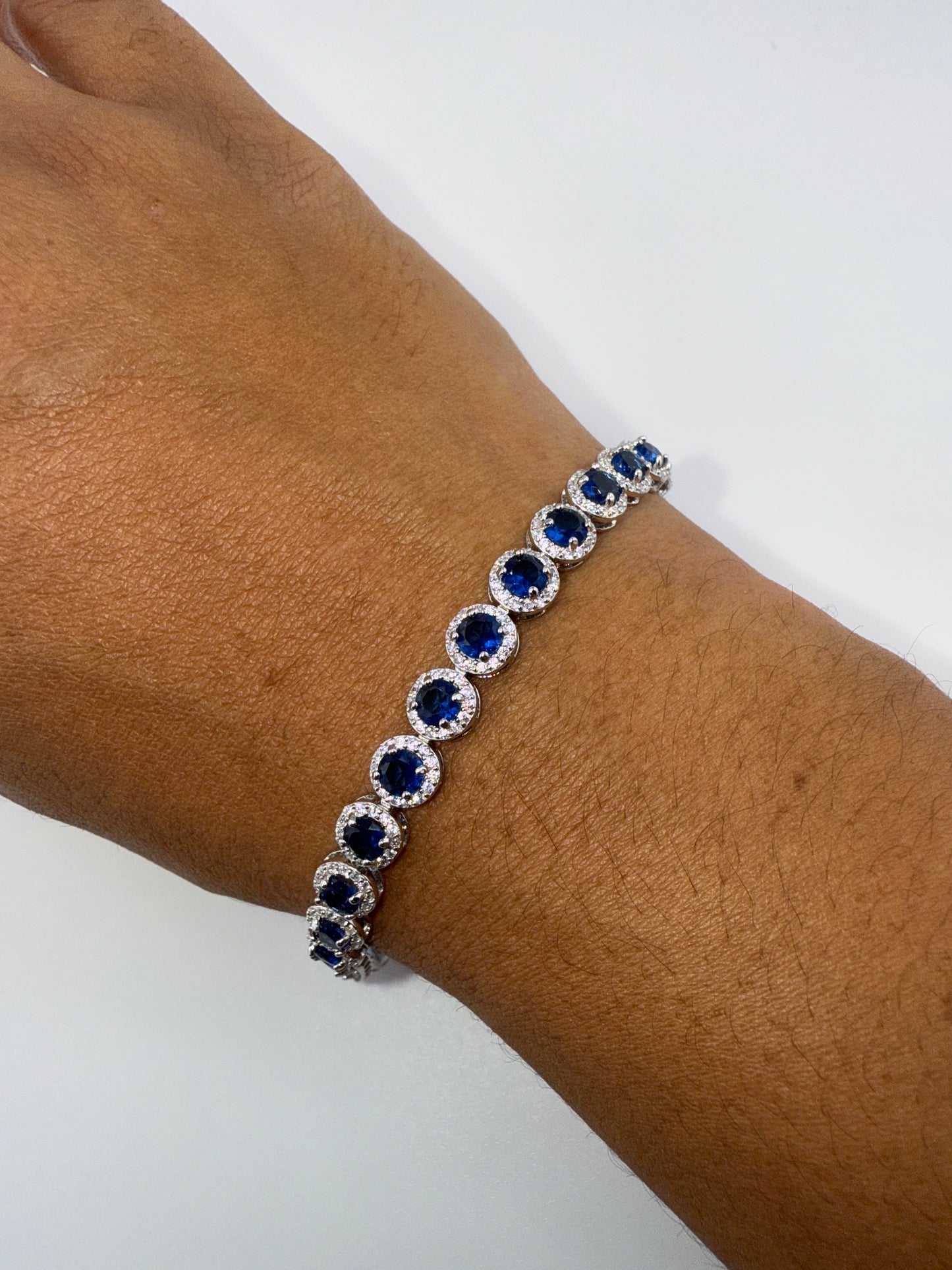 Sterling Silver Round Halo White & Sapphire Zirconia Linked Bracelet