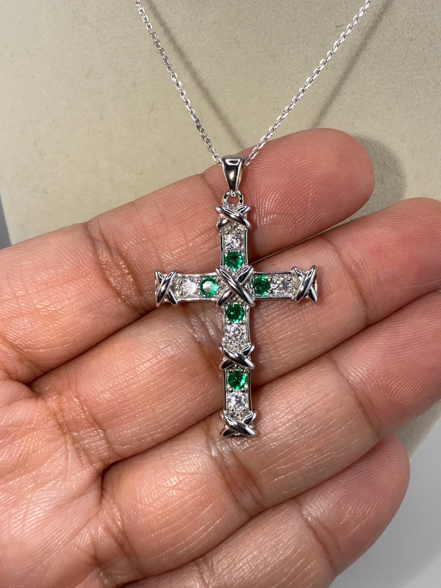 Sterling Silver Cross Necklace - Emerald and Zirconia