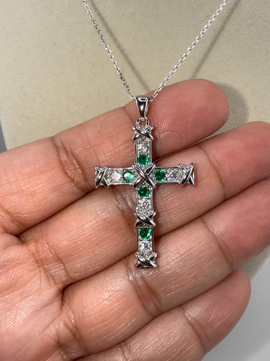 Sterling Silver Cross Necklace - Emerald and Zirconia