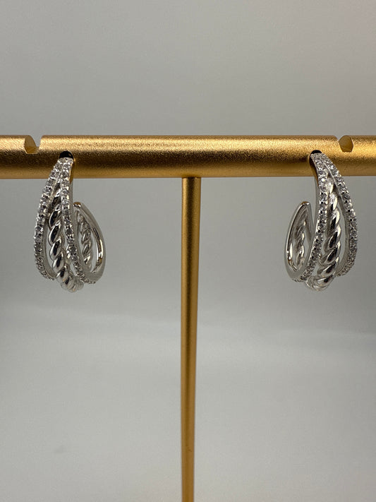 Sterling Silver Triple Row Zirconia and Twist Design Half Hoop Earrings