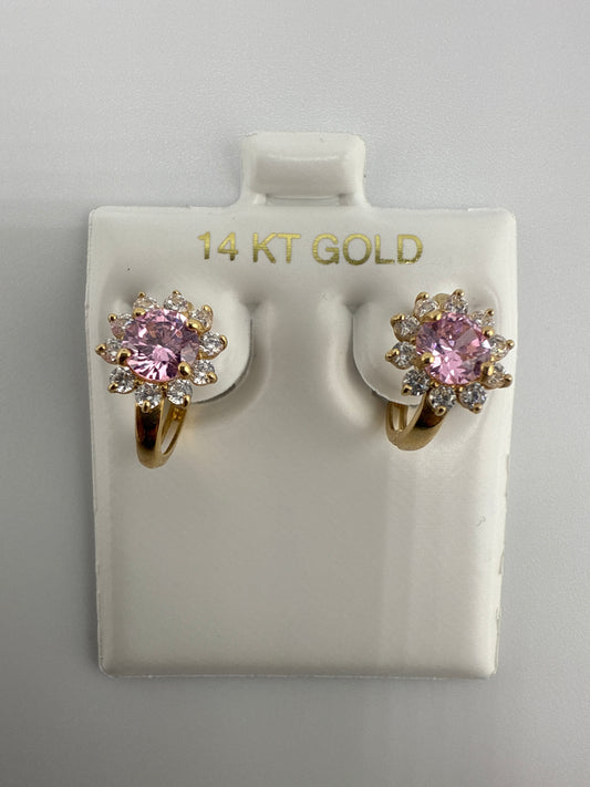 14k Yellow Gold, Zirconia, and Pink Gemstone Huggie Earrings