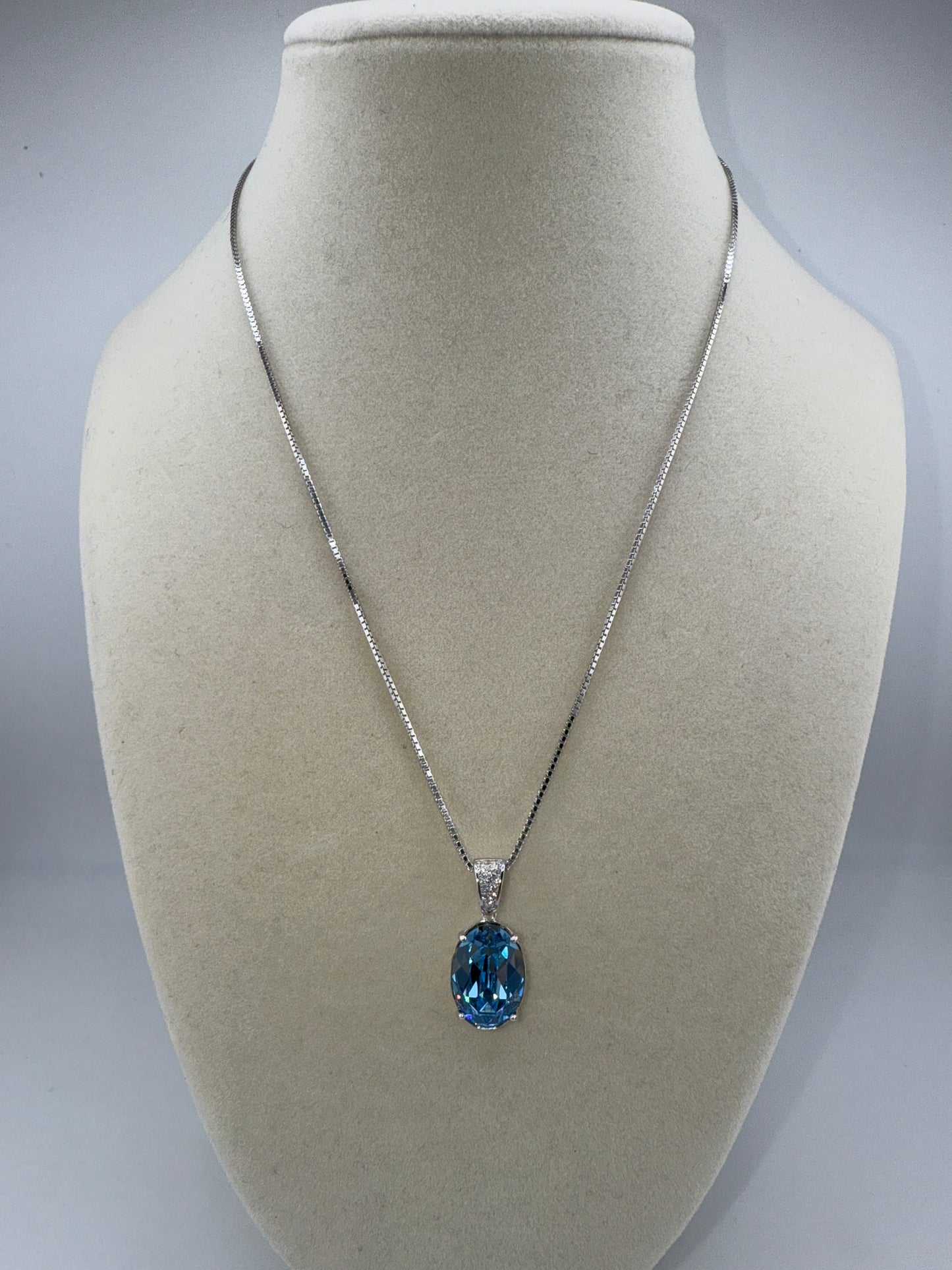 Sterling Silver Zirconia Bale and 14x10mm Oval - Aqua Swarovski Element Necklace