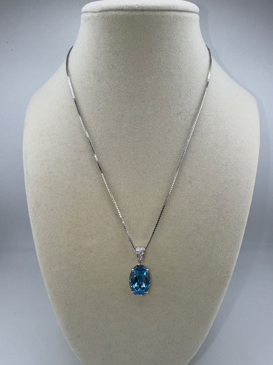 Sterling Silver Zirconia Bale and 14x10mm Oval - Aqua Swarovski Element Necklace