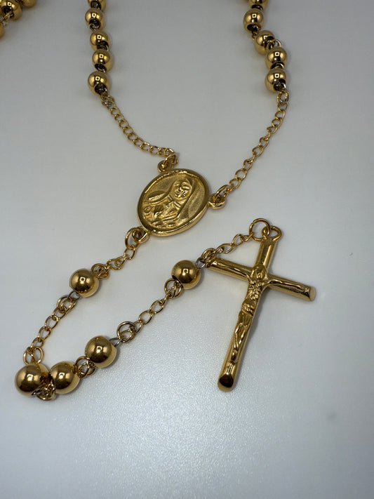 Stainless Steel Polished Yellow IP-Plated Beaded Rosary Necklace and Pendant