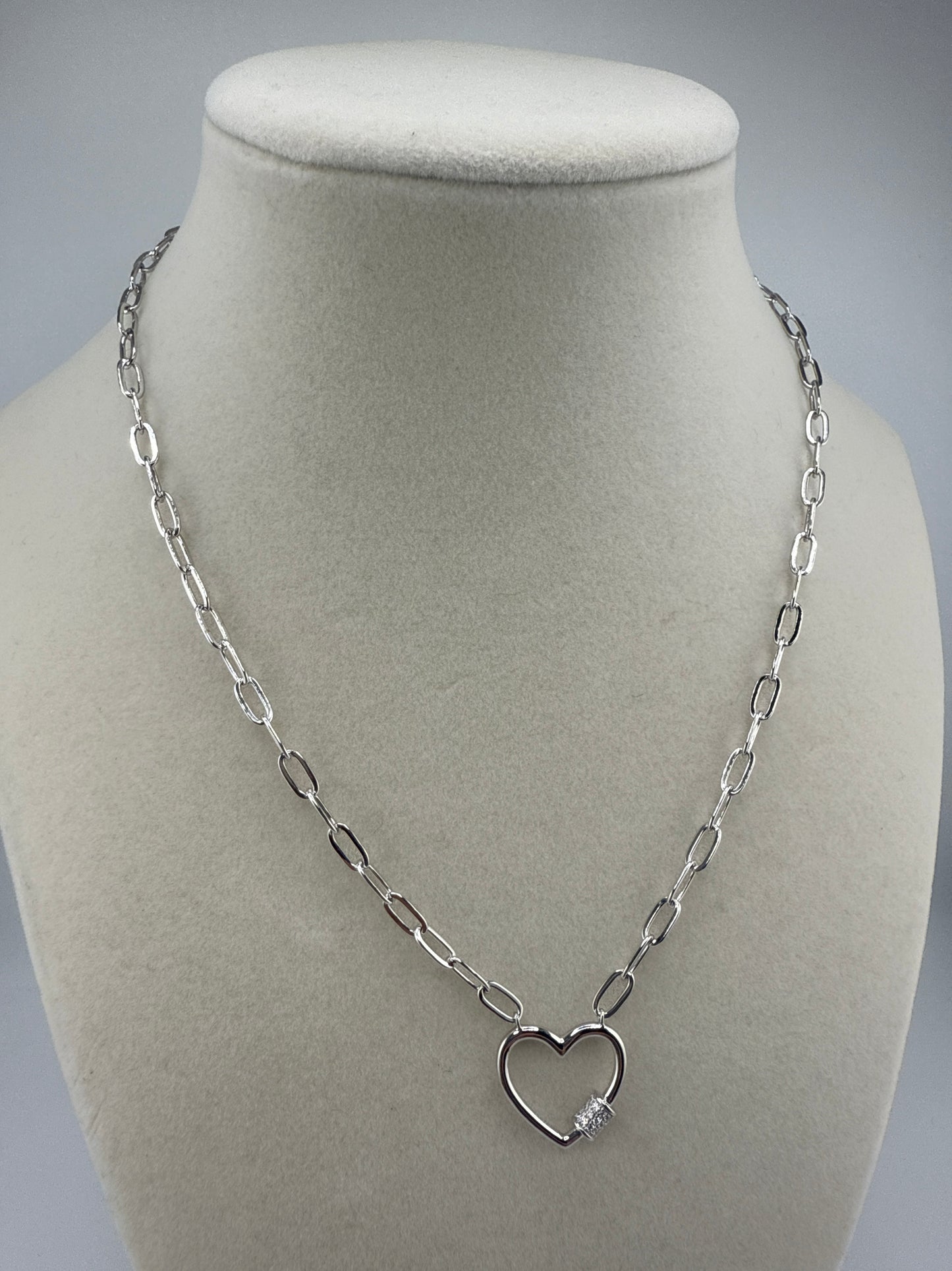 Sterling Silver Micro Pave Zirconia Heart Carabiner Paperclip Necklace