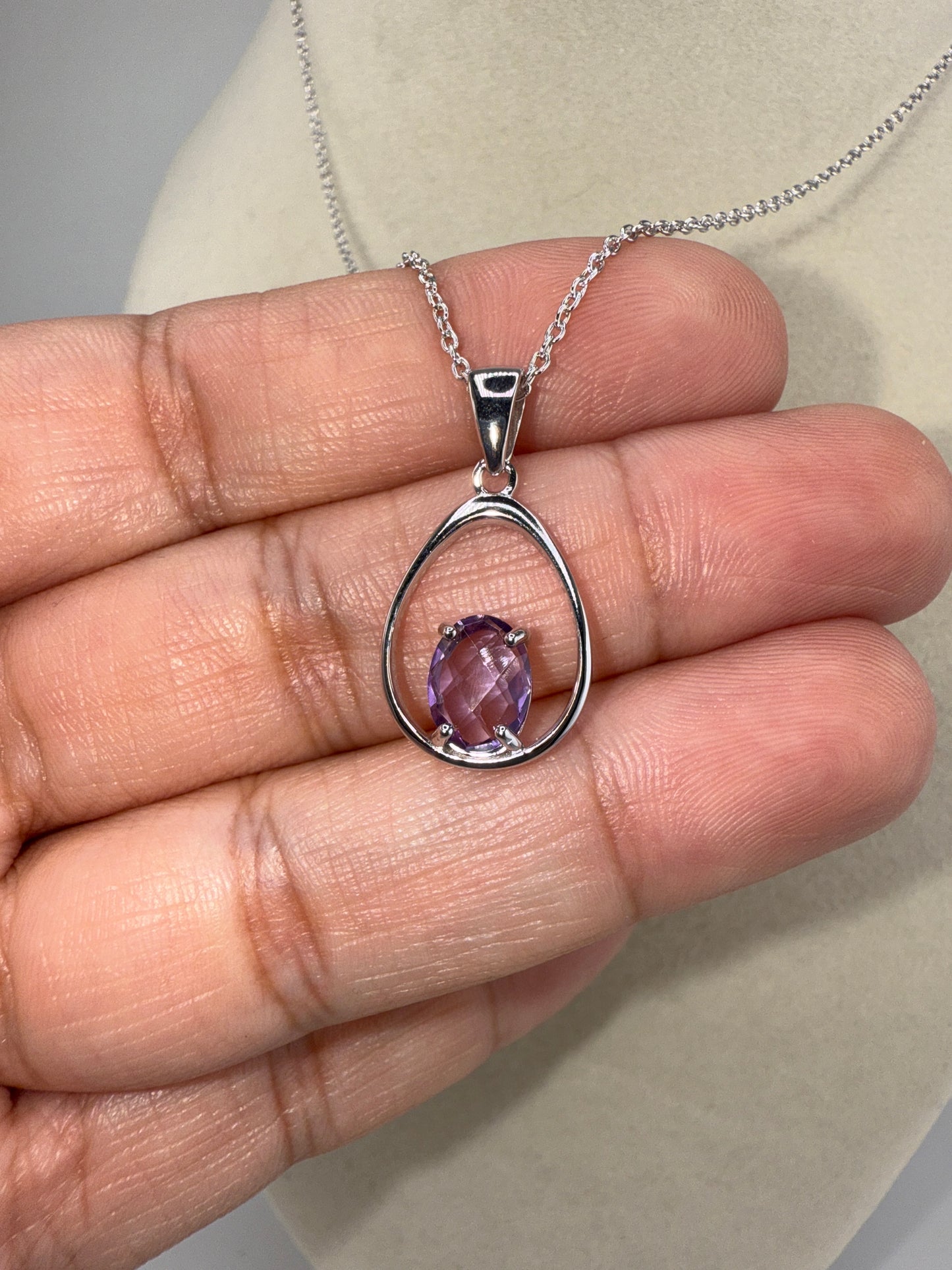 Sterling Silver Pear-Shaped, Four-Prong Gem Necklace, Amethyst