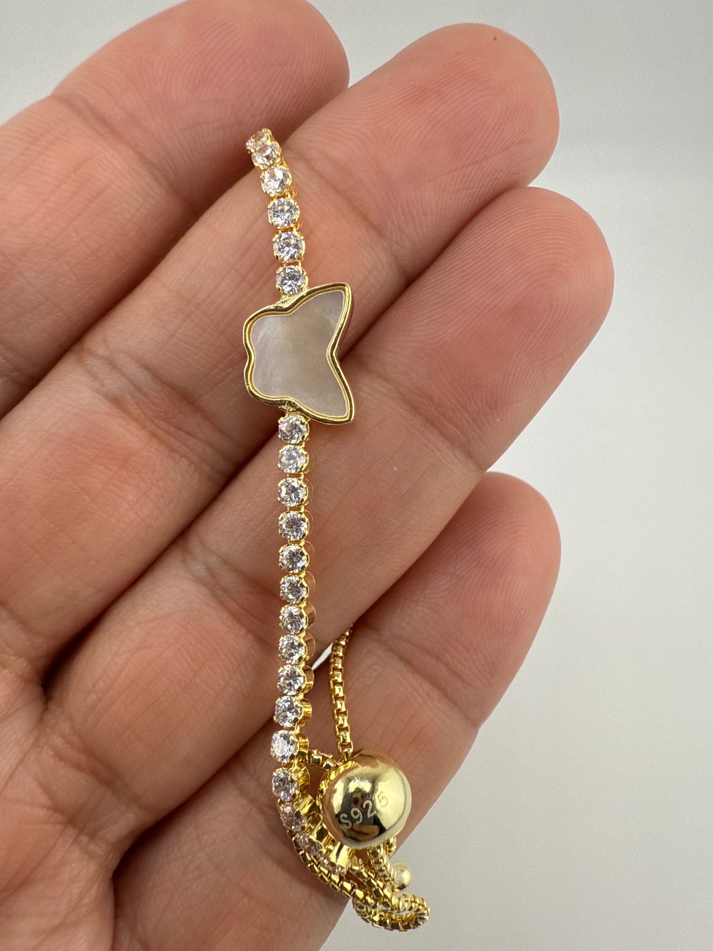 Sterling Silver, Butterfly MOP Center, Zirconia Adjustable Bolo Bracelet - Gold Plated
