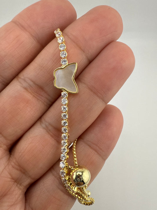 Sterling Silver, Butterfly MOP Center, Zirconia Adjustable Bolo Bracelet - Gold Plated