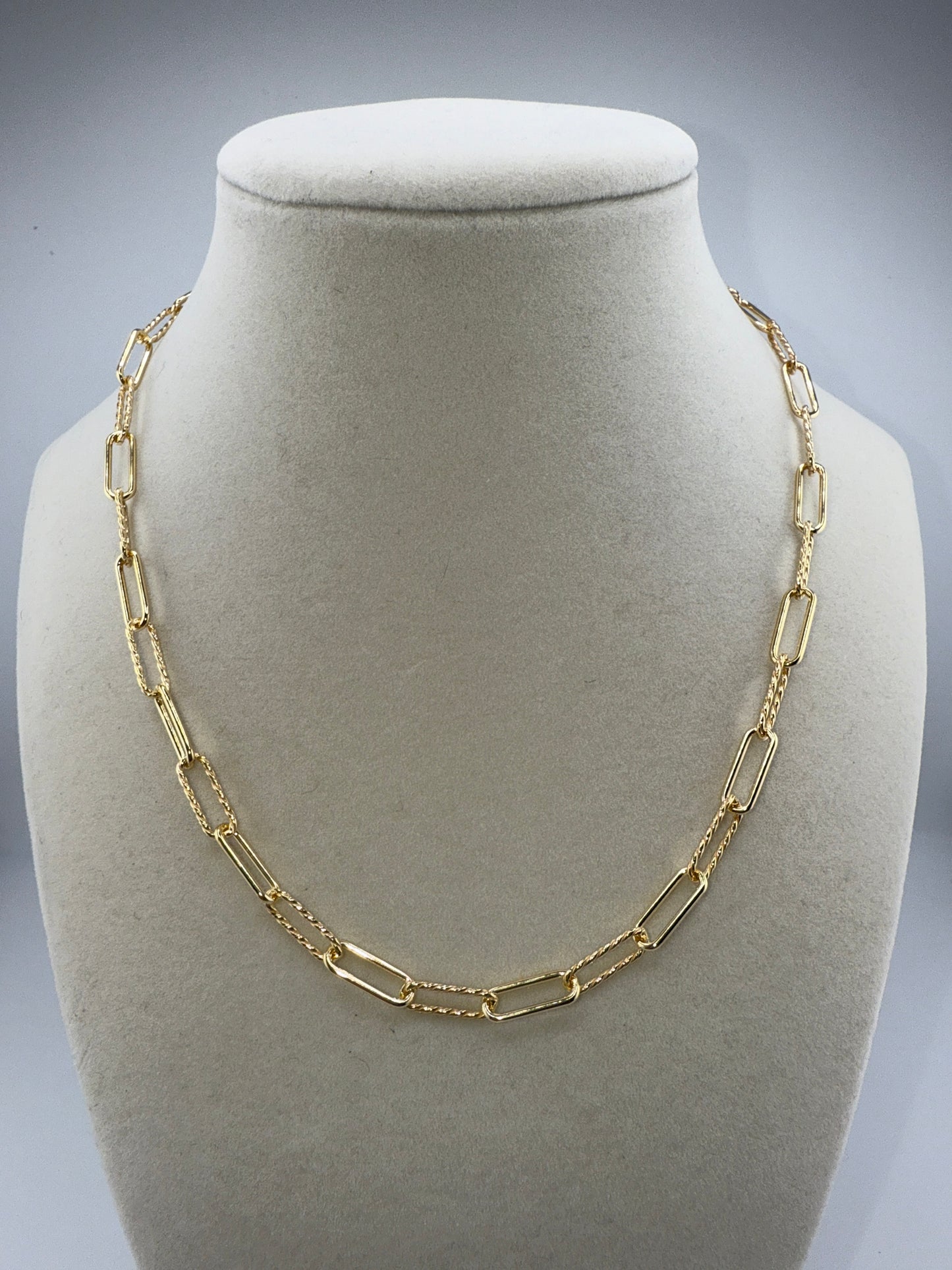 Sterling Silver Alternating Rope Design & Polished Paperclip Necklace - Gold Plated