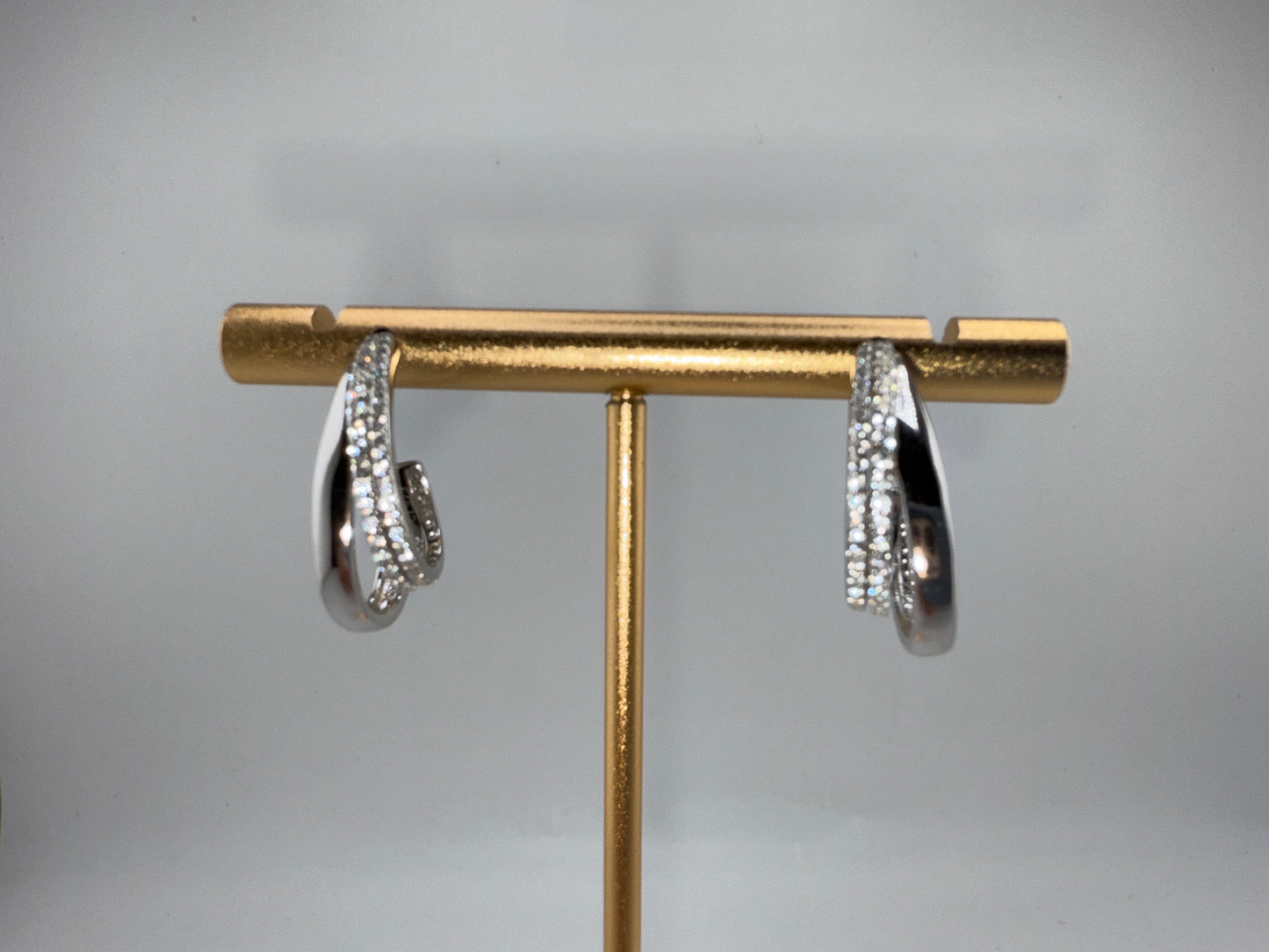 Sterling Silver, Triple Row Zirconia & Polished Half Hoop Earrings