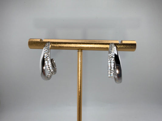 Sterling Silver, Triple Row Zirconia & Polished Half Hoop Earrings