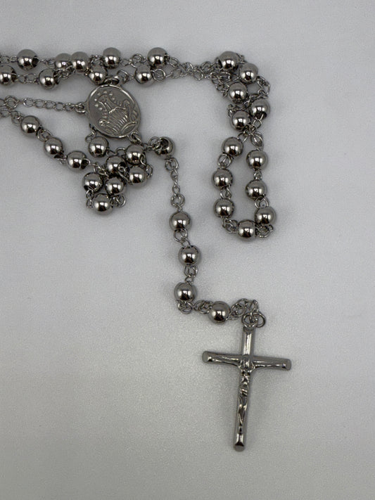 Stainless Steel Polished 6mm Beaded Rosary 29.5 inch Necklace