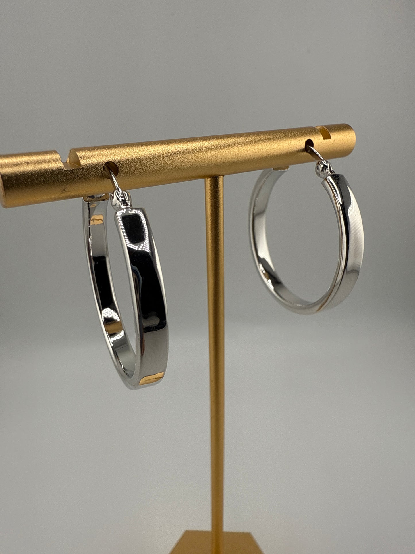 Sterling Silver 4x29mm Fancy Flat Hoop Earrings - Rhodium Plated