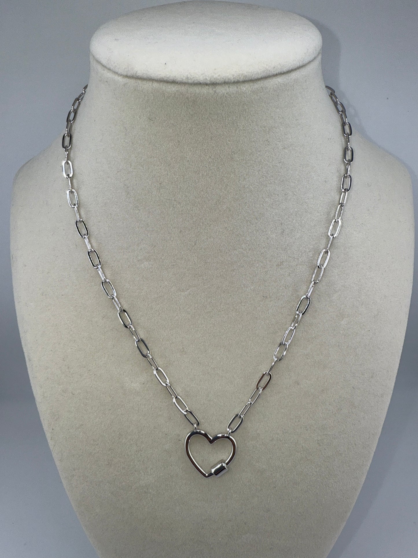 Sterling Silver, Heart Carabiner Paperclip Necklace