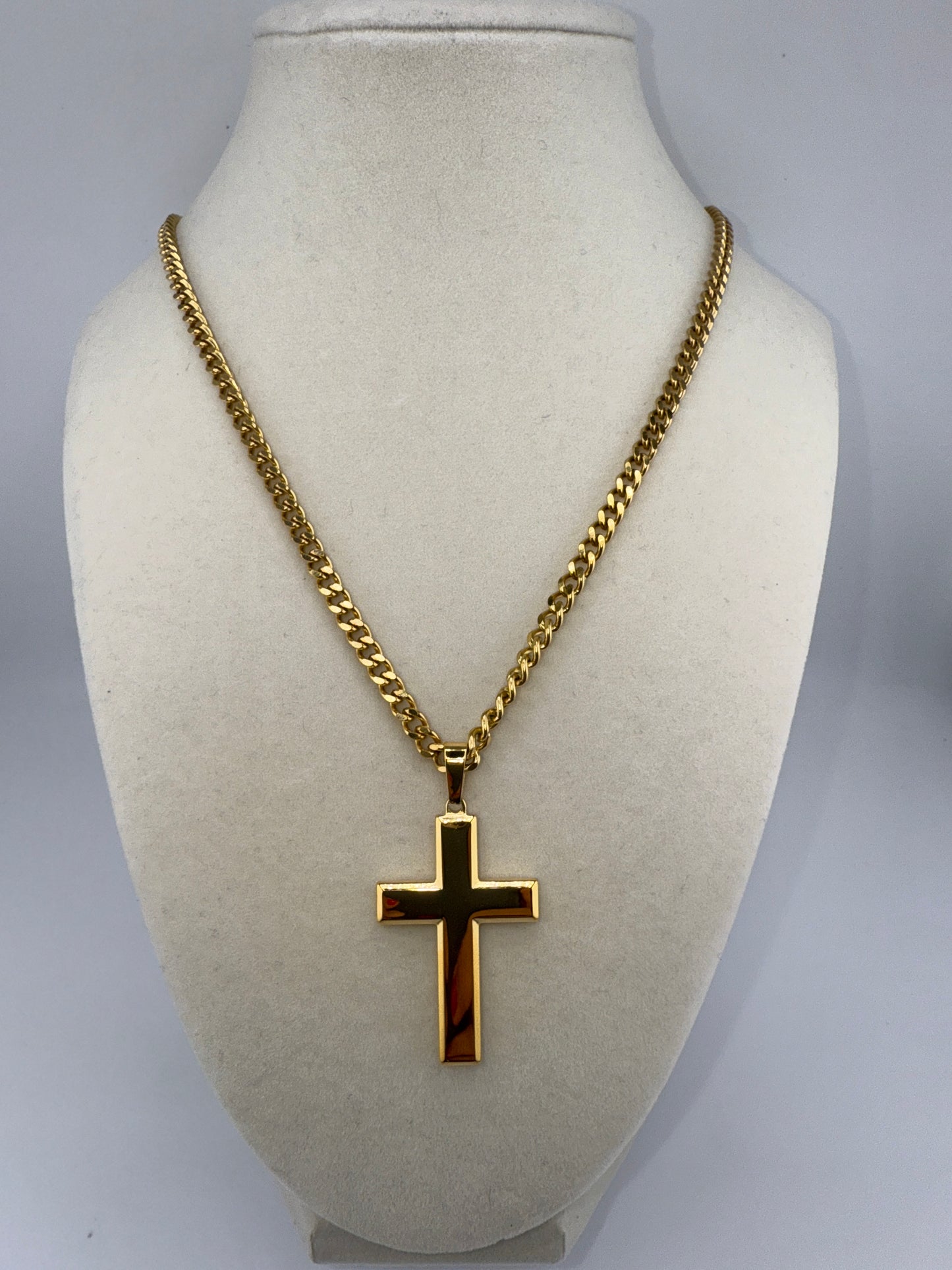 Stainless Steel Polished Cross Necklace - Gold Plated