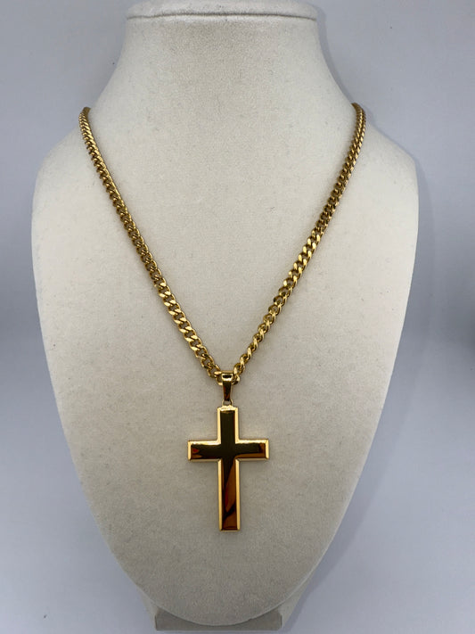 Stainless Steel Polished Cross Necklace - Gold Plated