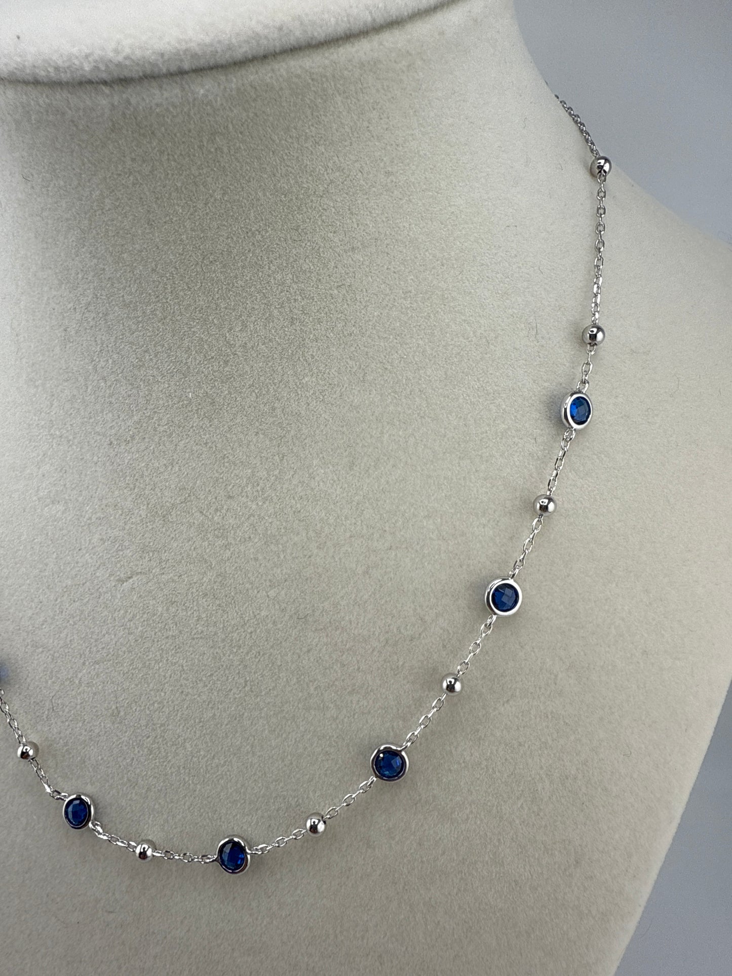 Sterling Silver Bezel-Set Zirconia & Bead Station Necklace - Sapphire, 16 inches