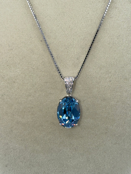 Sterling Silver Zirconia Bale and 14x10mm Oval - Aqua Swarovski Element Necklace