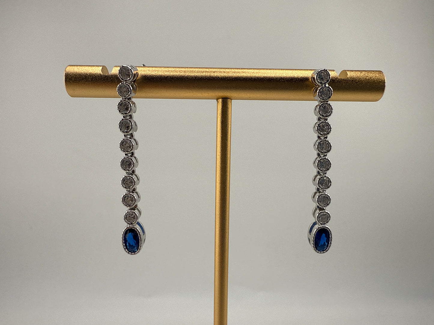 Sterling Silver Beaded Outline Oval & Round Zirconia Earrings - Sapphire