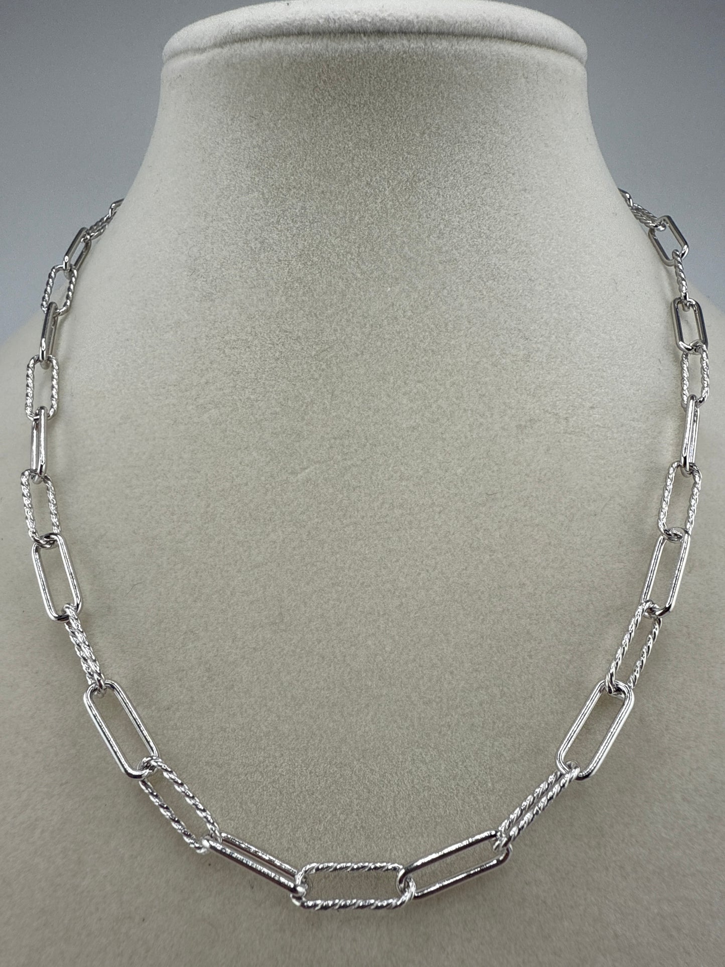 Sterling Silver, Alternating Rope Chain Design & Polishes Paperclip Necklace