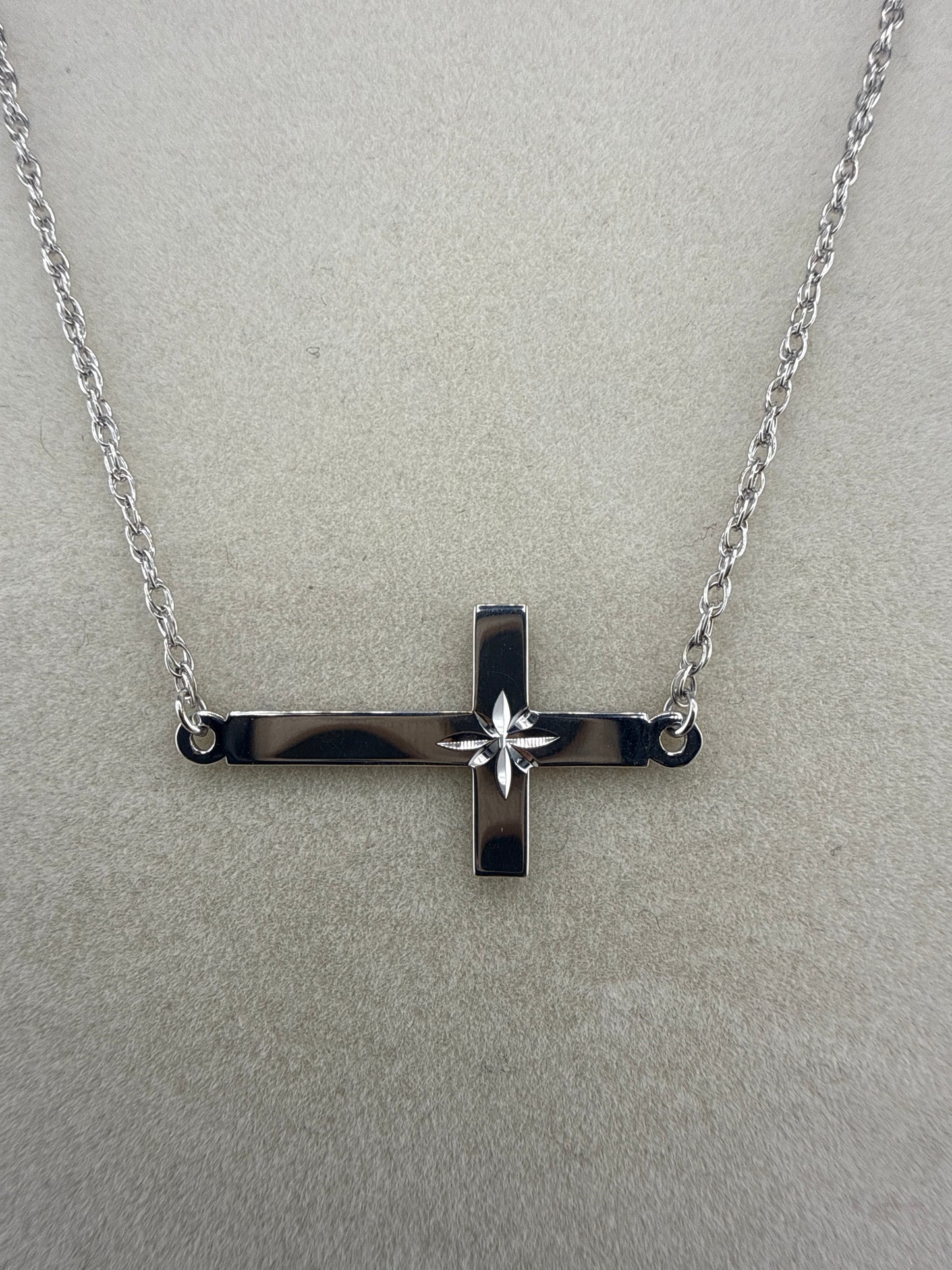 Sterling Silver Rhodium-plated Large Sideways Cross Necklace