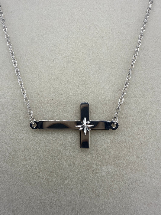 Sterling Silver Rhodium-plated Large Sideways Cross Necklace
