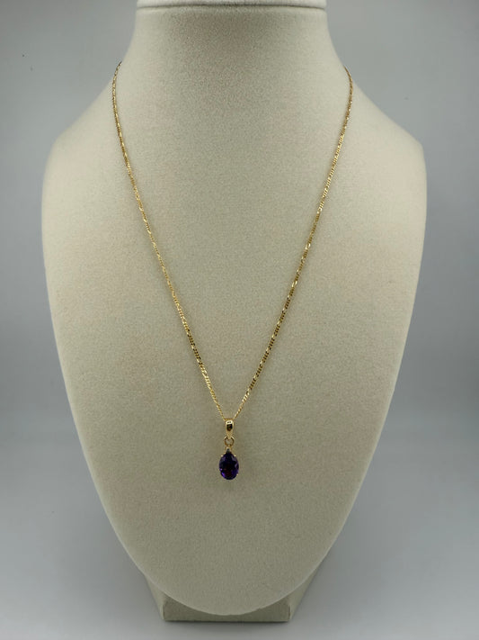 14k yellow gold figaro & Cuban link combination chain with purple gemstone pendant