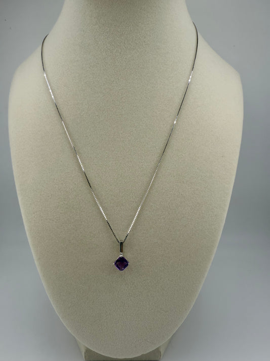14k white gold box chain with purple gemstone pendant