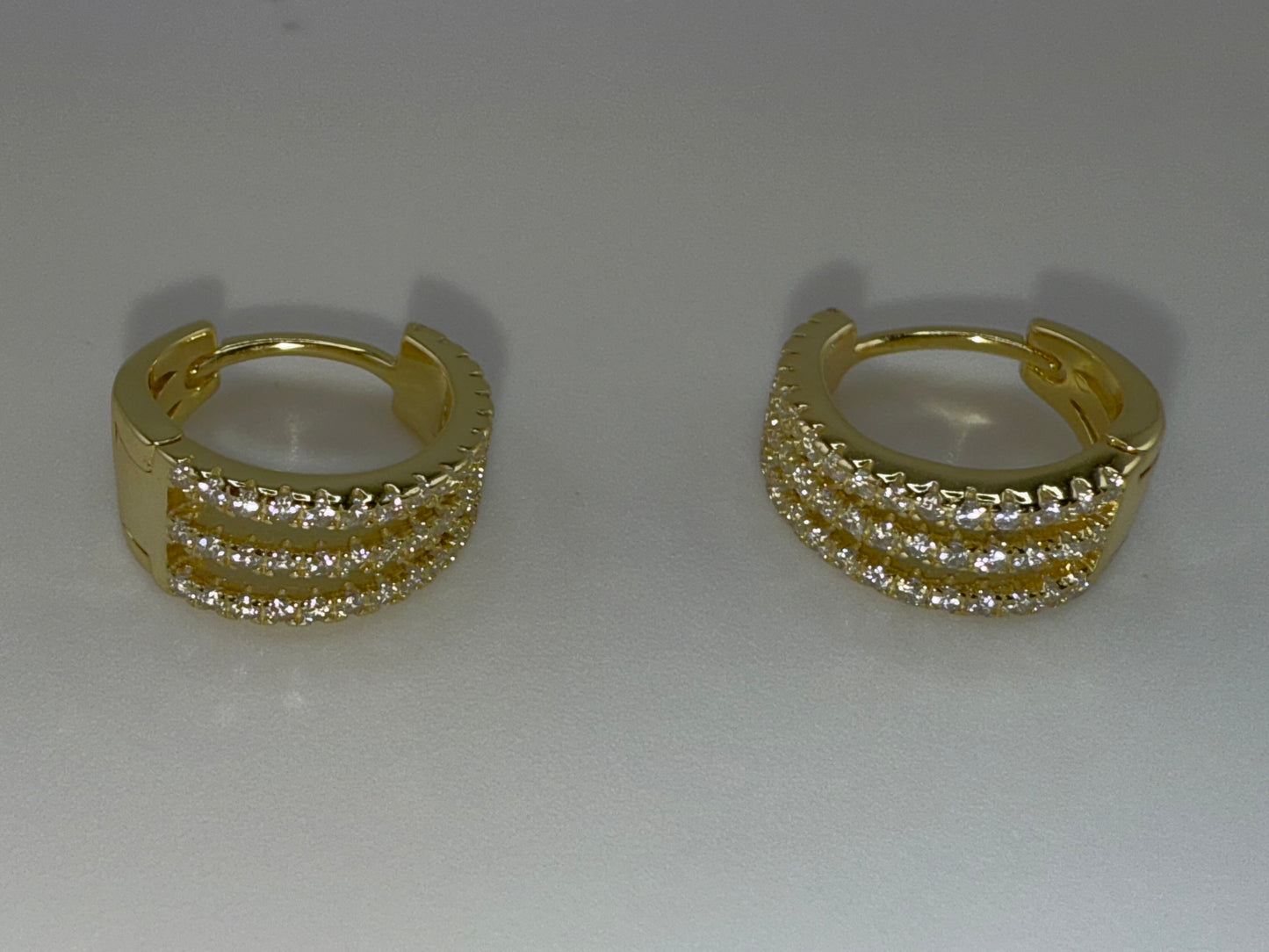 Sterling Silver Triple Row Zirconia Small Hoop Earrings - Gold Plated