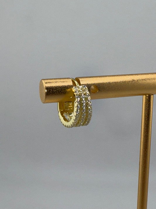 Sterling Silver Triple Row Zirconia Small Hoop Earrings - Gold Plated