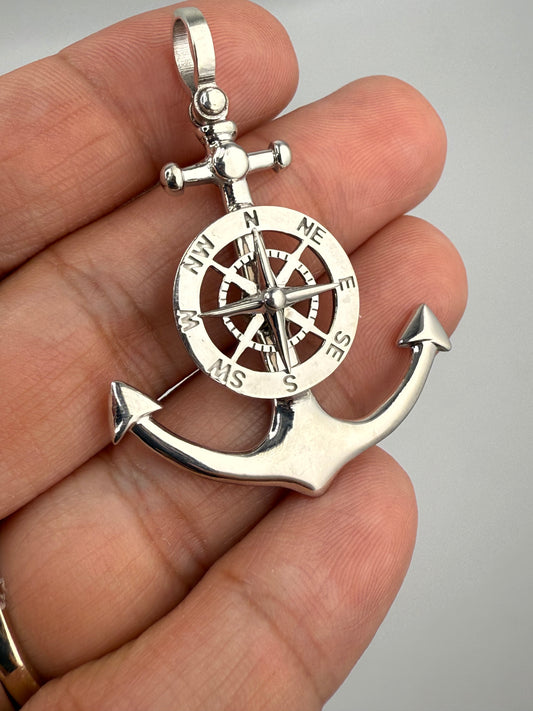 Sterling Silver Rhodium-Plated Polished 3D Anchor with Compass